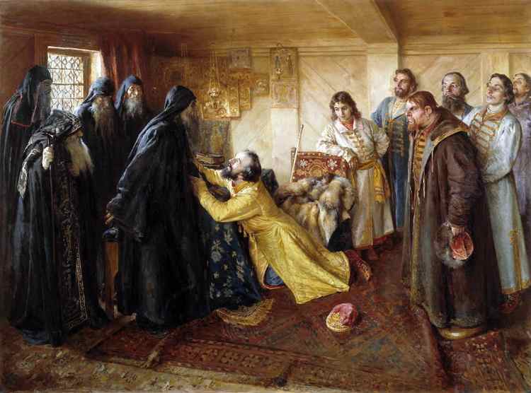 Царь Иван Грозный просит игумена Кирилла (Кирилло-Белозерского монастыря) благословить его в монахи. Лебедев