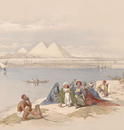 Пирамиды Гизы, вид с Нила. Рису